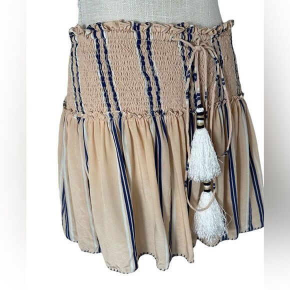 HEMANT & NANDITA Sand Tan Nautical Striped Silk Drawstring Mini Skirt - Picture 5 of 11